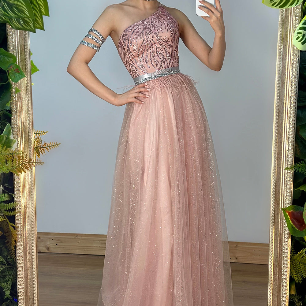 MAXI SKIRT AND CROP TOP SET JAYLEEN GLITTER LACE GLITTER TULLE POWDER PINK