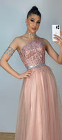 MAXI SKIRT AND CROP TOP SET JAYLEEN GLITTER LACE GLITTER TULLE POWDER PINK