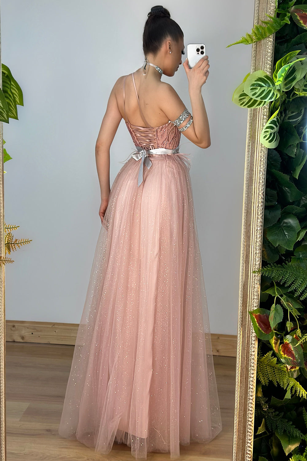 MAXI SKIRT AND CROP TOP SET JAYLEEN GLITTER LACE GLITTER TULLE POWDER PINK