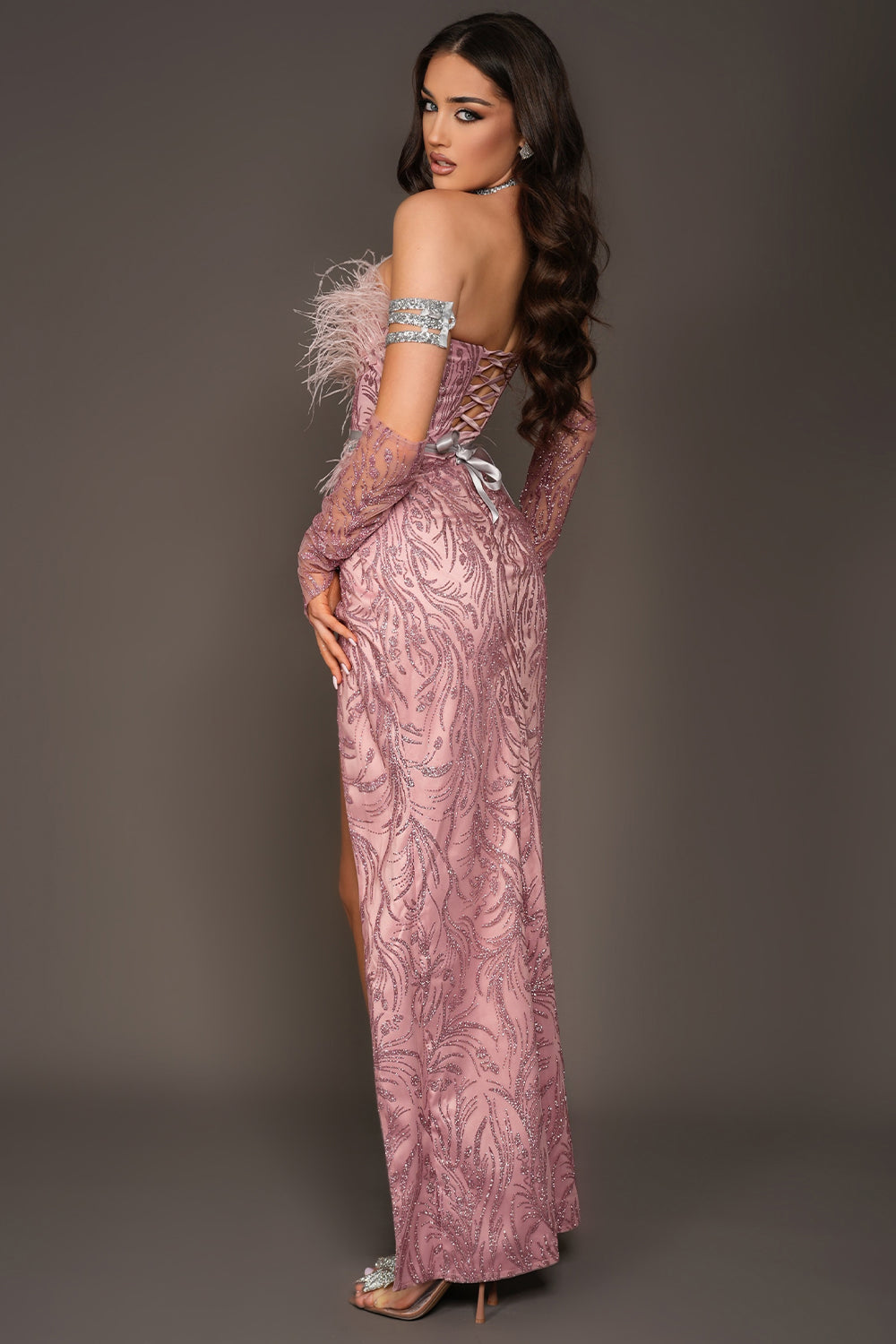MAXI SKIRT AND CROP TOP SET IVORY GLITTER LACE FEATHERS POWDER PINK