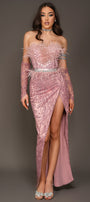 MAXI SKIRT AND CROP TOP SET IVORY GLITTER LACE FEATHERS POWDER PINK