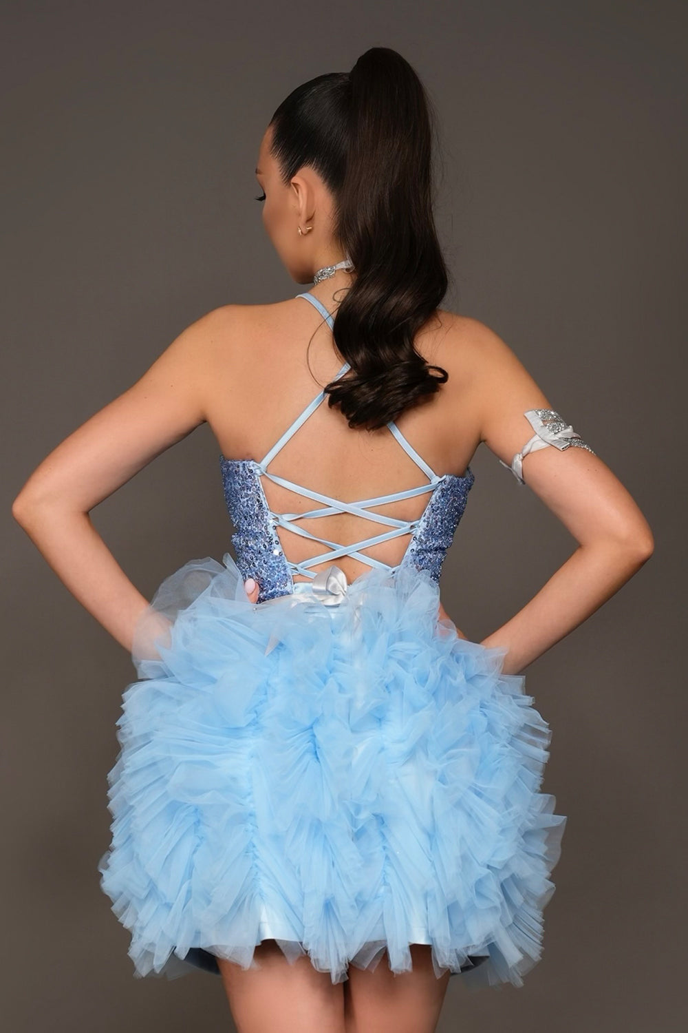 MINI SKIRT AND CROP TOP SET MILAN SEQUIN TULLE LIGHT BLUE