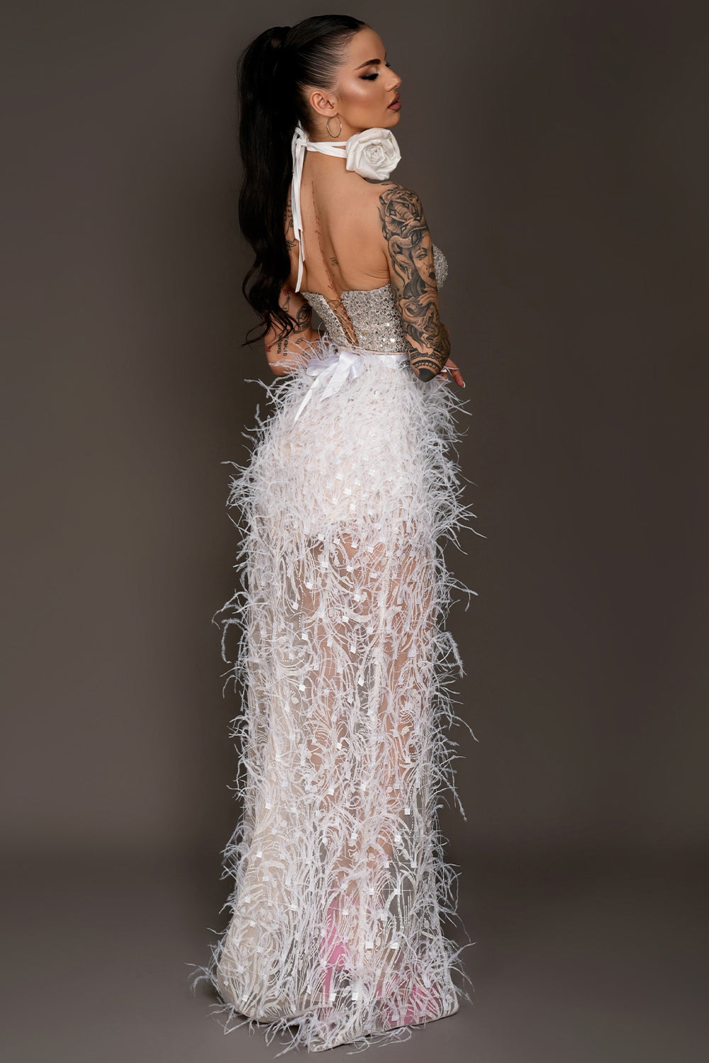 MAXI SKIRT AND CROP TOP SET ESMERALDA SEQUIN GLITTER LACE FEATHERS SILVER WHITE AND NUDE