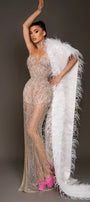 МAXI SET VESTITO CON SCIARPA STRASS RASO PIUME CHAMPAGNE CON BIANCA