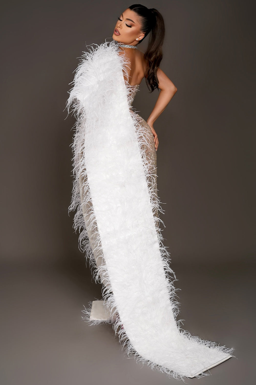 MAXI SET DRESS AND SCARF RHINESTONE SATIN CHAMPAGNE FEATHERS CHAMPAGNE AND WHITE