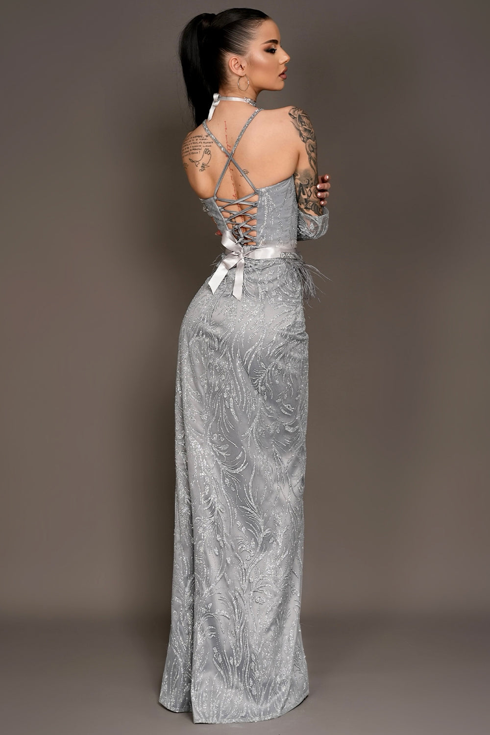 MAXI SKIRT AND CROP TOP SET OLIVIA GLITTER LACE RHINESTONE DARK GREY