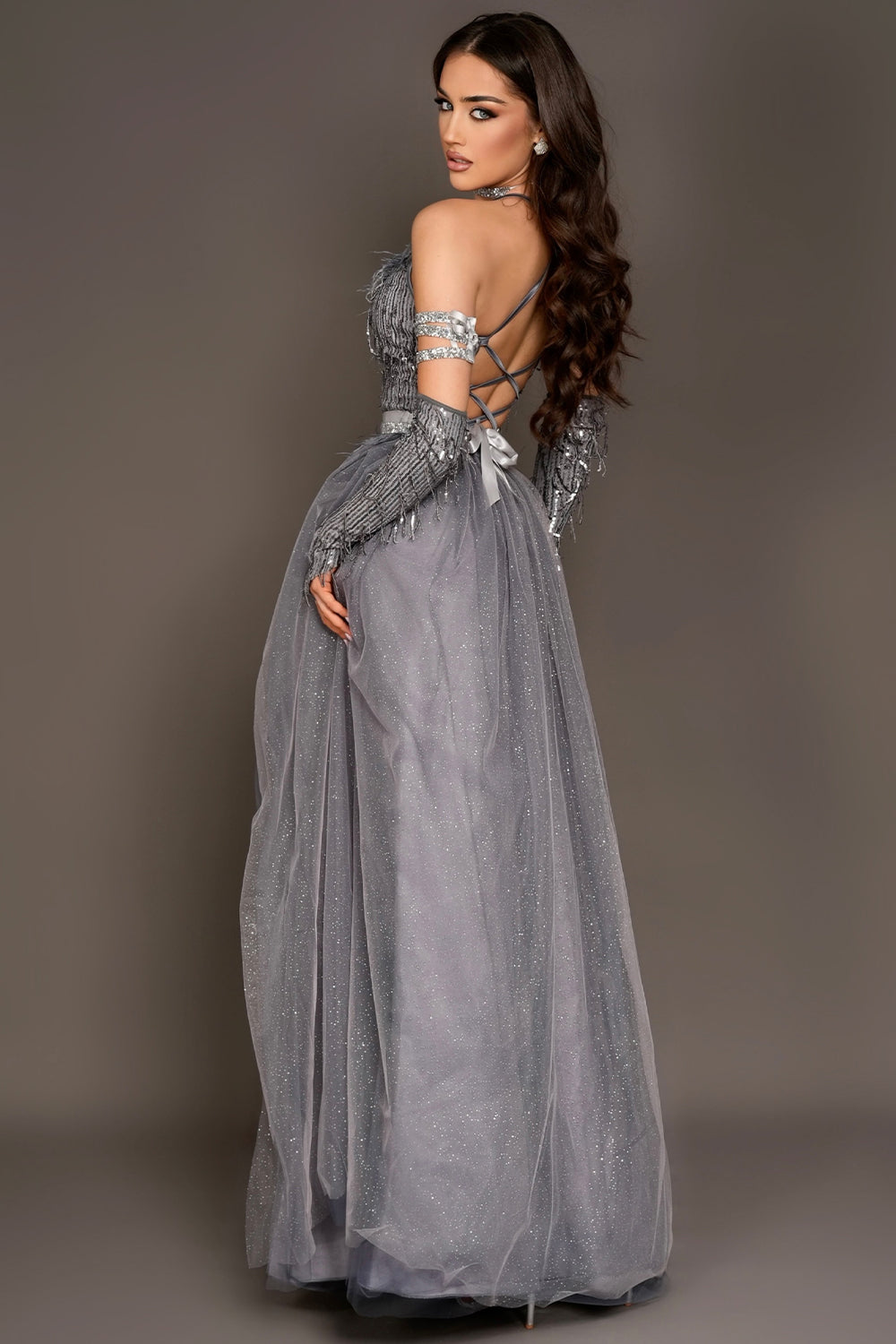 MAXI SKIRT AND CROP TOP SET SOPHIA SEQUIN GLITTER TULLE DARK GREY