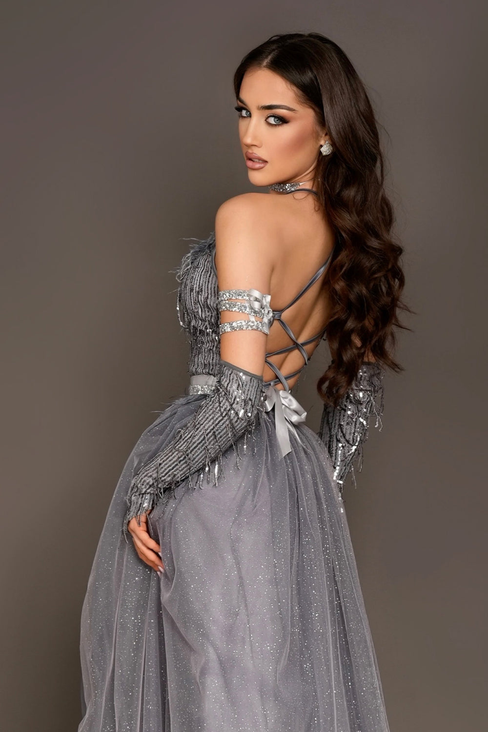 MAXI SKIRT AND CROP TOP SET SOPHIA SEQUIN GLITTER TULLE DARK GREY