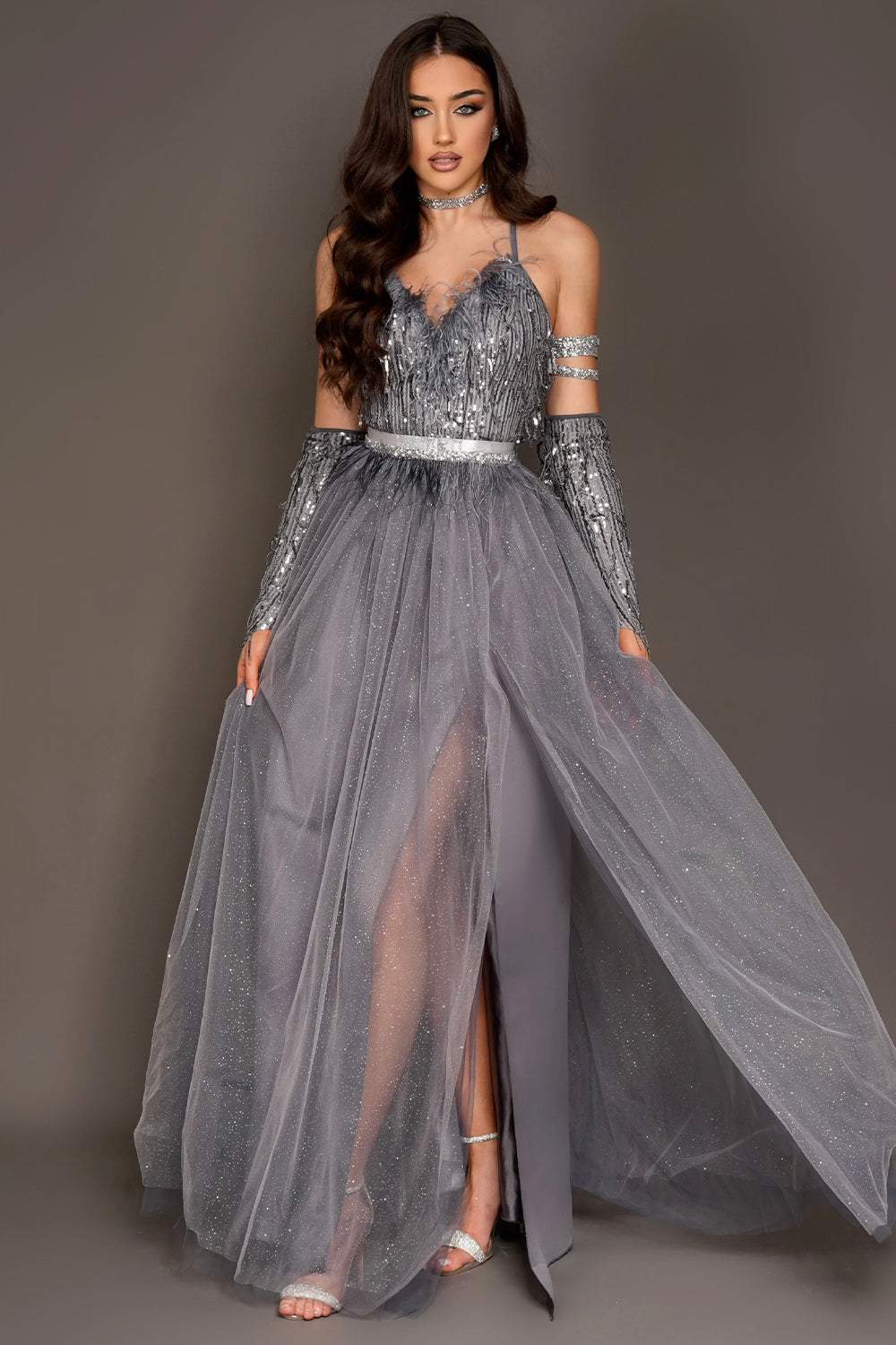 MAXI SKIRT AND CROP TOP SET SOPHIA SEQUIN GLITTER TULLE DARK GREY