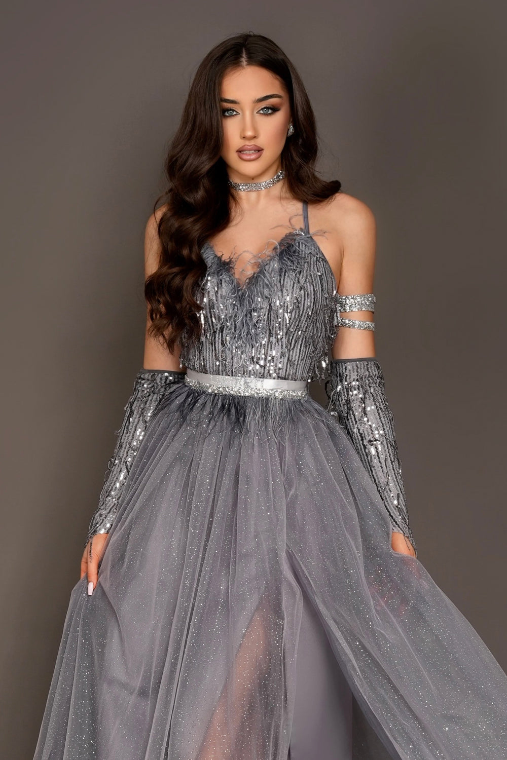 MAXI SKIRT AND CROP TOP SET SOPHIA SEQUIN GLITTER TULLE DARK GREY