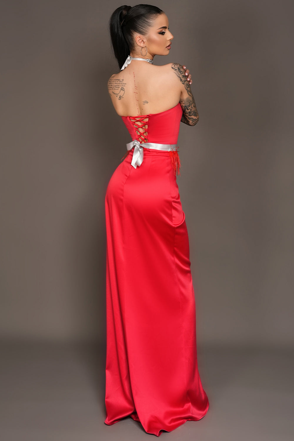 MAXI SKIRT AND CROP TOP SET EMILY SATIN RED