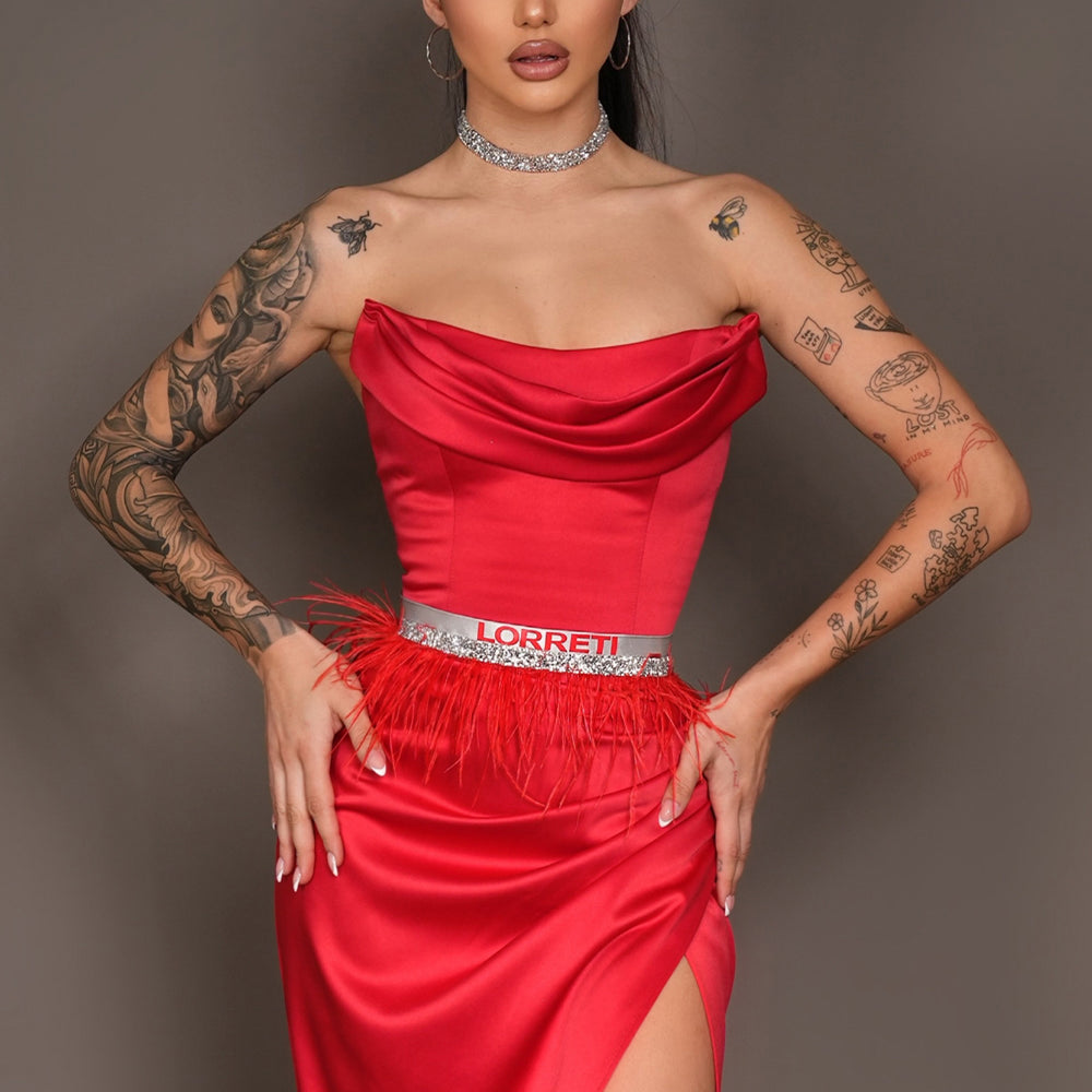 MAXI SKIRT AND CROP TOP SET EMILY SATIN RED