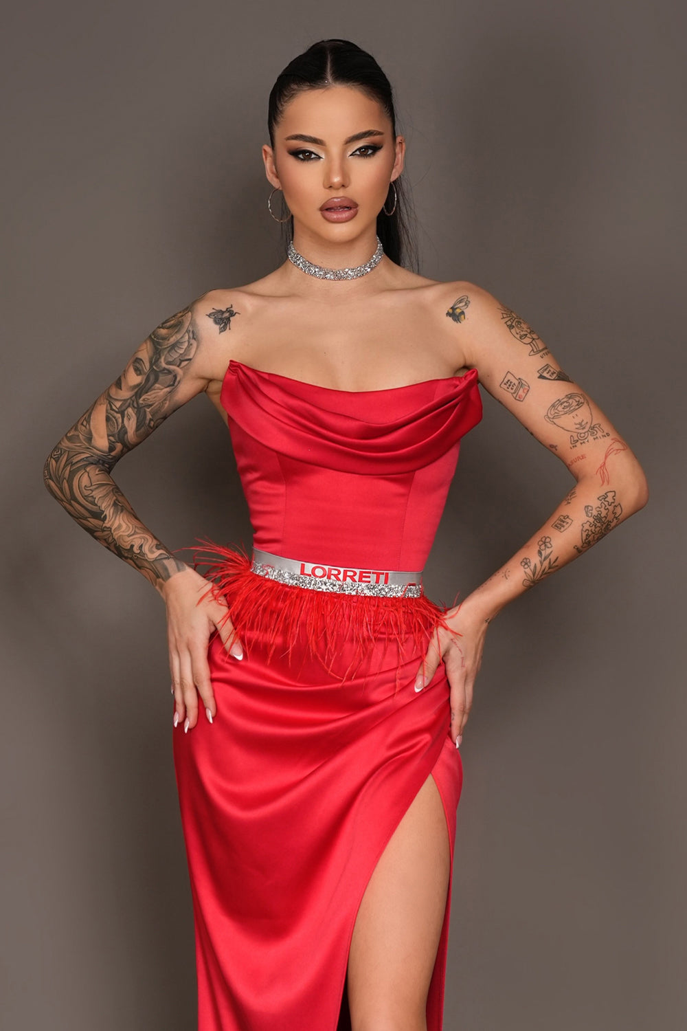 MAXI SKIRT AND CROP TOP SET EMILY SATIN RED