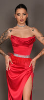 MAXI SKIRT AND CROP TOP SET EMILY SATIN RED