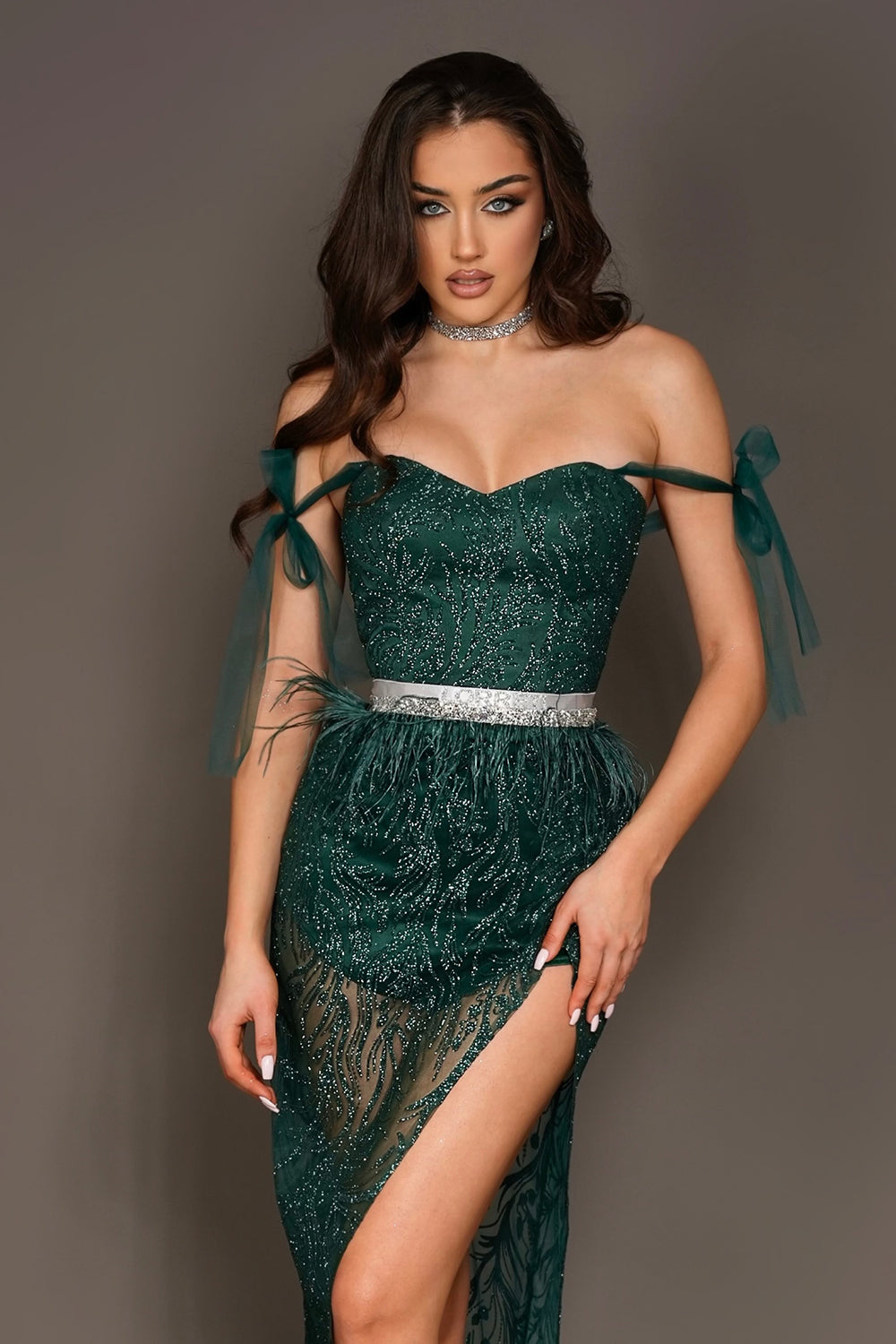 MAXI SKIRT AND CROP TOP SET NORA GLITTER LACE DARK GREEN