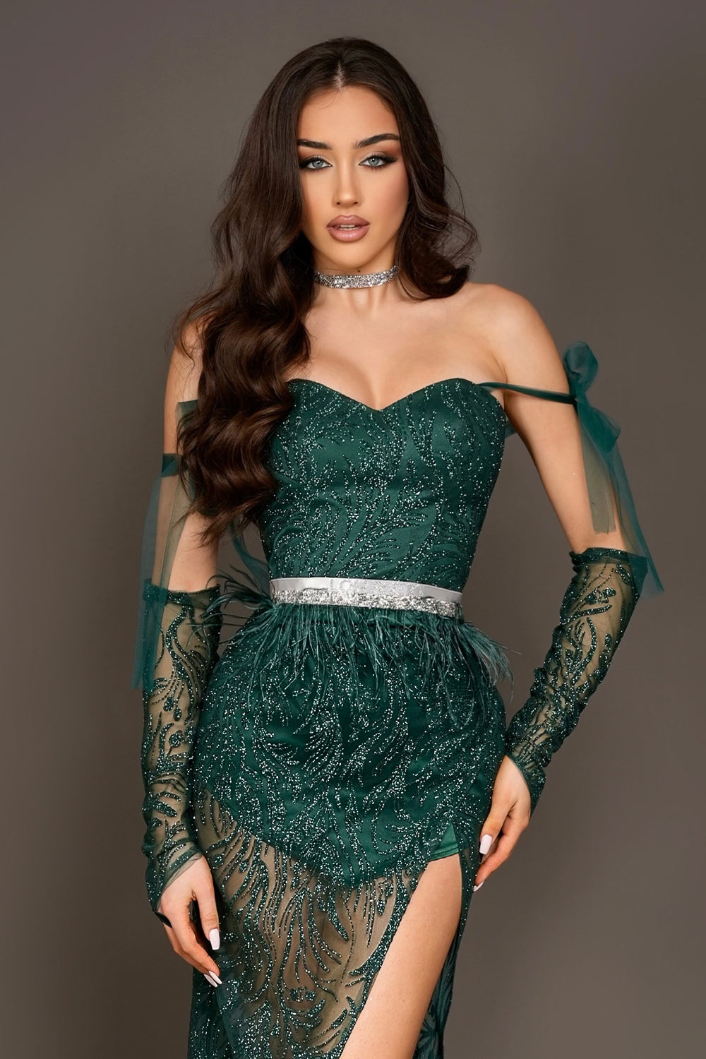 MAXI SKIRT AND CROP TOP SET NORA GLITTER LACE DARK GREEN