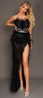 MAXI SKIRT AND CROP TOP SET FEATHER PRINCESS GLITTER LACE SEQUIN BLACK AND NUDE