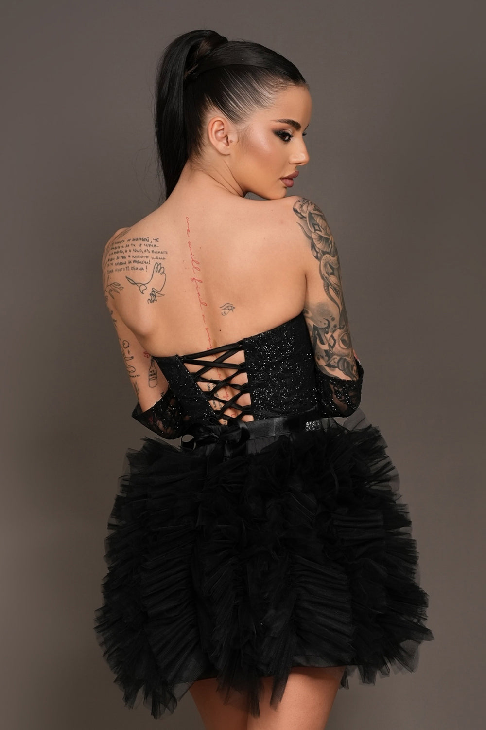 MINI SKIRT AND CROP TOP SET AMIRI GLITTER LACE TULLE BLACK