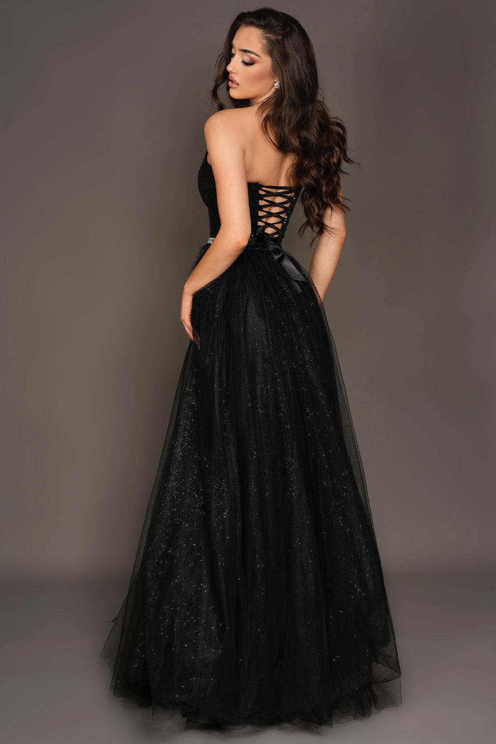 MAXI SKIRT AND CROP TOP SET INAYA SEQUIN GLITTER TULLE BLACK