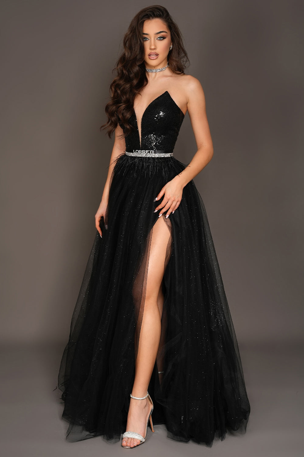 MAXI SKIRT AND CROP TOP SET INAYA SEQUIN GLITTER TULLE BLACK