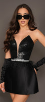MINI SKIRT AND CROP TOP SET EVELYN SEQUIN SATIN BLACK