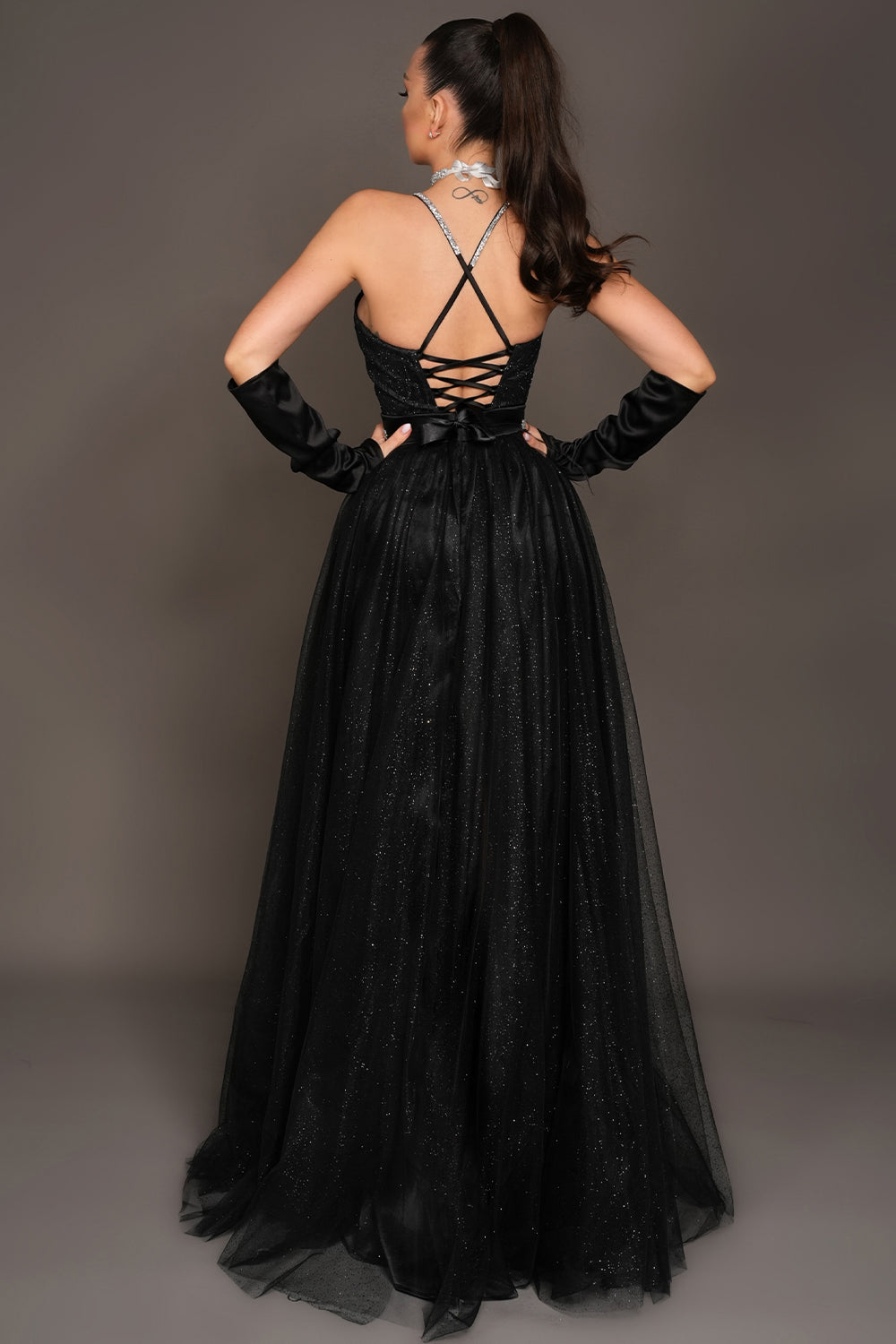 MAXI SKIRT AND CROP TOP SET CANDICE GLITTER LACE RHINESTONE GLITTER TULLE BLACK