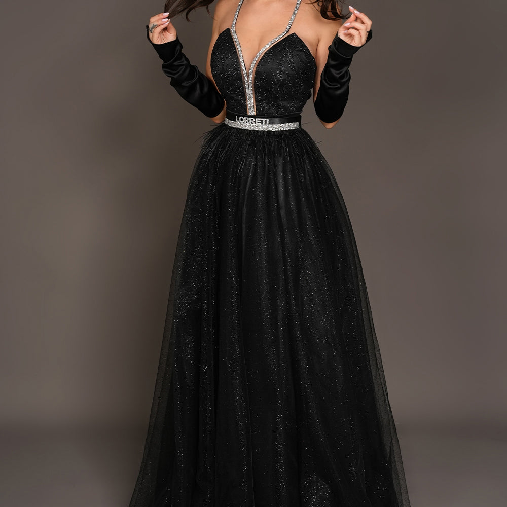 MAXI SKIRT AND CROP TOP SET CANDICE GLITTER LACE RHINESTONE GLITTER TULLE BLACK