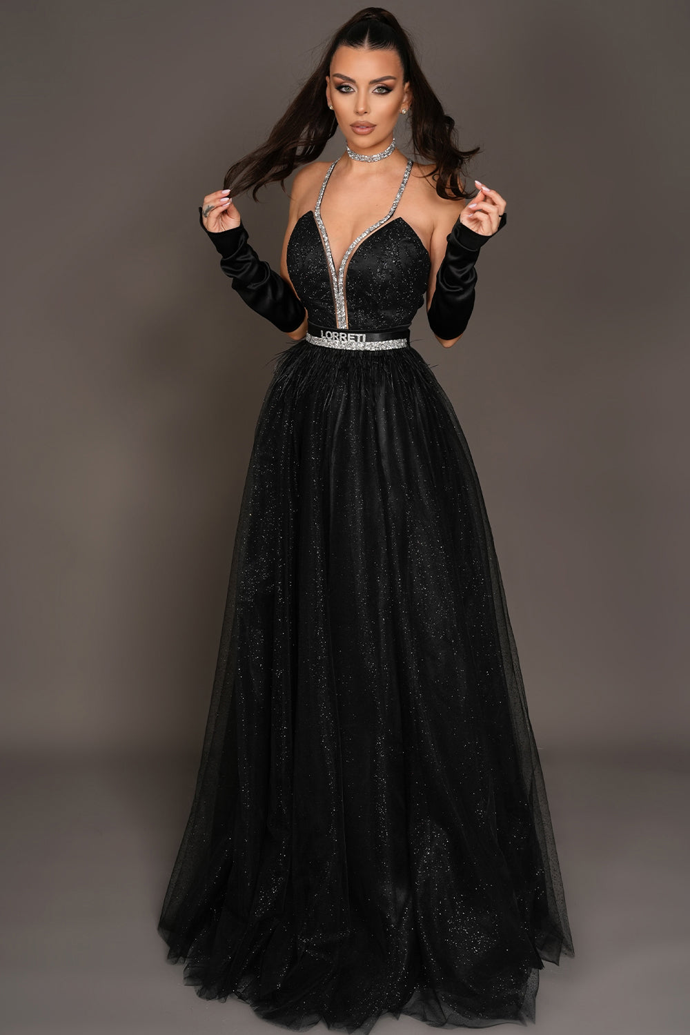 MAXI SKIRT AND CROP TOP SET CANDICE GLITTER LACE RHINESTONE GLITTER TULLE BLACK