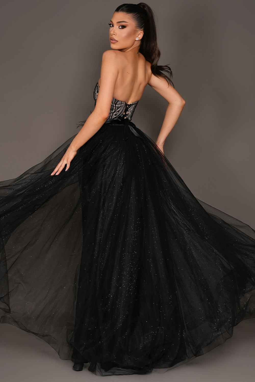 MAXI SKIRT AND CROP TOP SET ELENA GLITTER LACE GLITTER TULLE BLACK AND NUDE