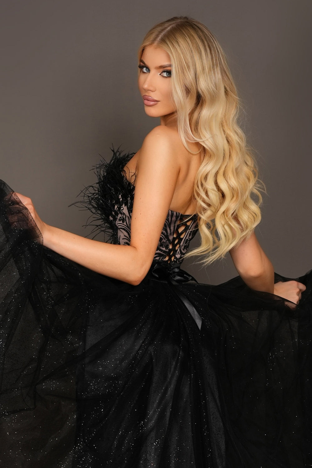MAXI SKIRT AND CROP TOP SET PENELOPE GLITTER LACE FEATHERS GLITTER TULLE BLACK AND NUDE