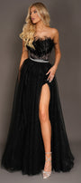 MAXI SKIRT AND CROP TOP SET PENELOPE GLITTER LACE FEATHERS GLITTER TULLE BLACK AND NUDE