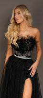 MAXI SKIRT AND CROP TOP SET PENELOPE GLITTER LACE FEATHERS GLITTER TULLE BLACK AND NUDE