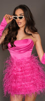 MINI SKIRT AND CROP TOP SET SERENITY SATIN FEATHERS HOT PINK