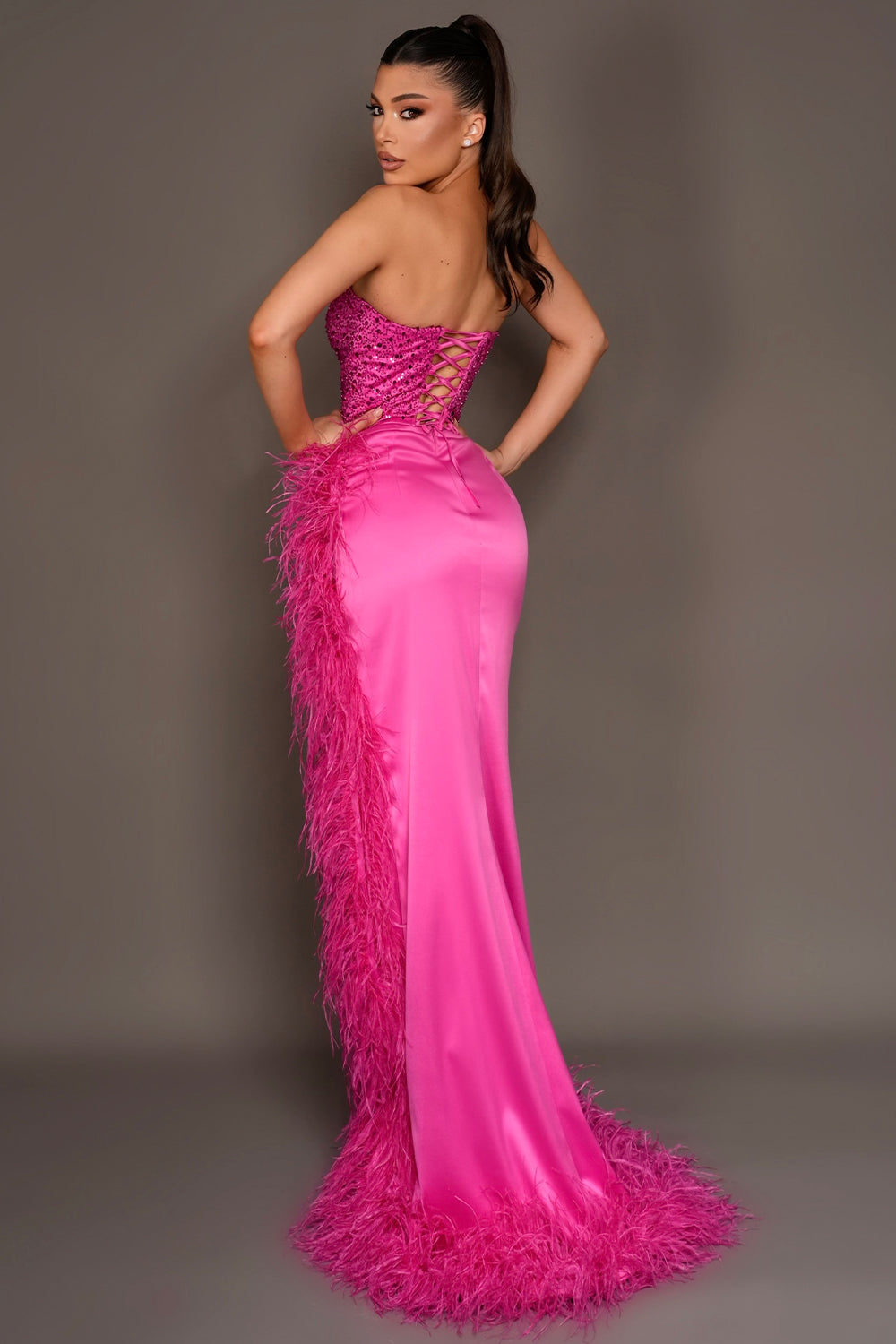 MAXI SKIRT AND CROP TOP SET MAYBELLE SEQUIN SATIN FEATHERS HOT PINK