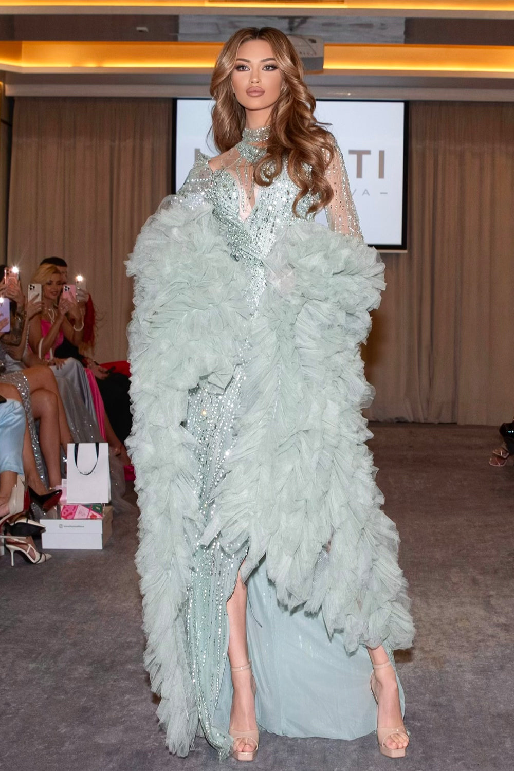 MAXI DRESS AND SCARF ZLATINA RHINESTONE GLITTER TULLE MINT