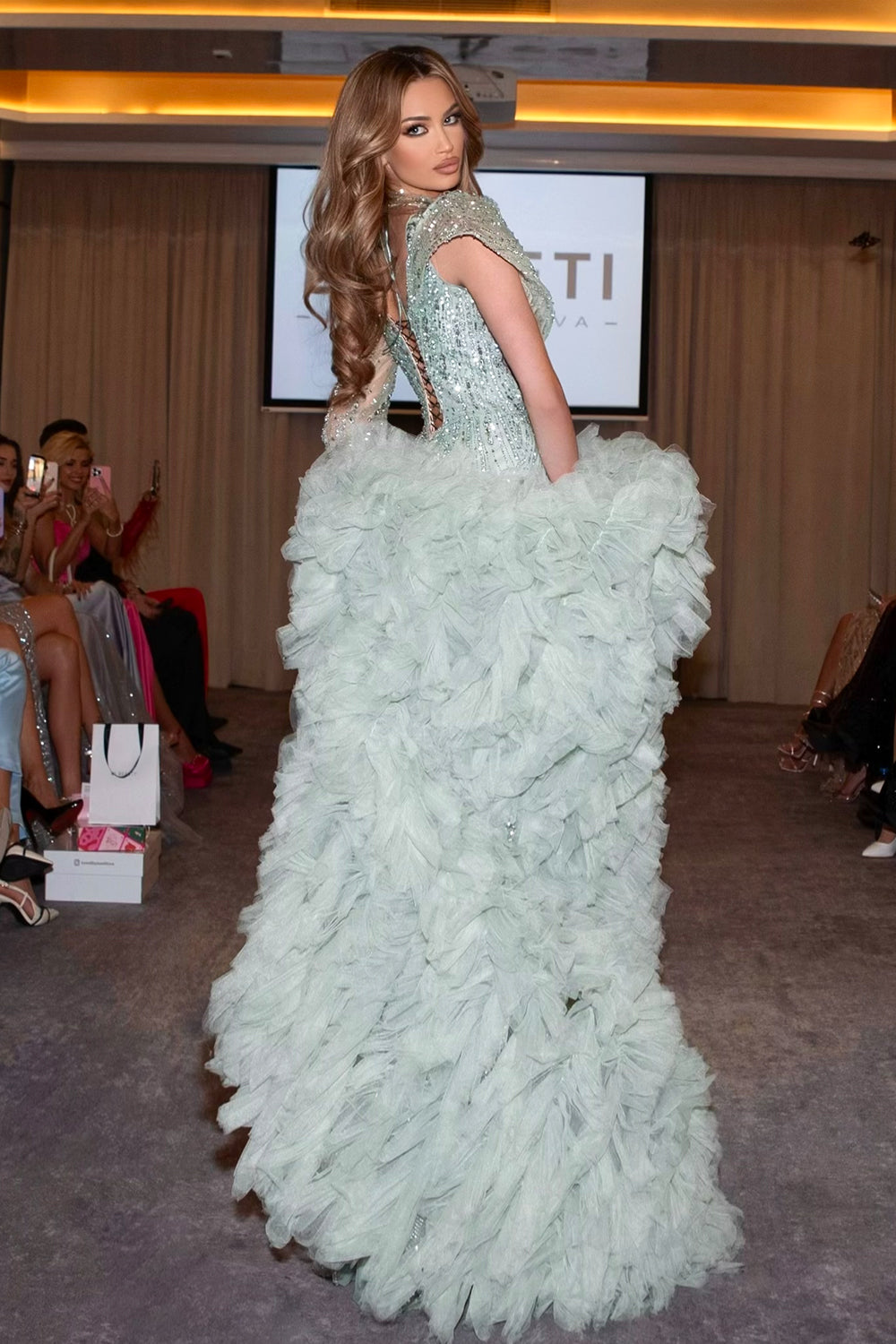 MAXI DRESS AND SCARF ZLATINA RHINESTONE GLITTER TULLE MINT