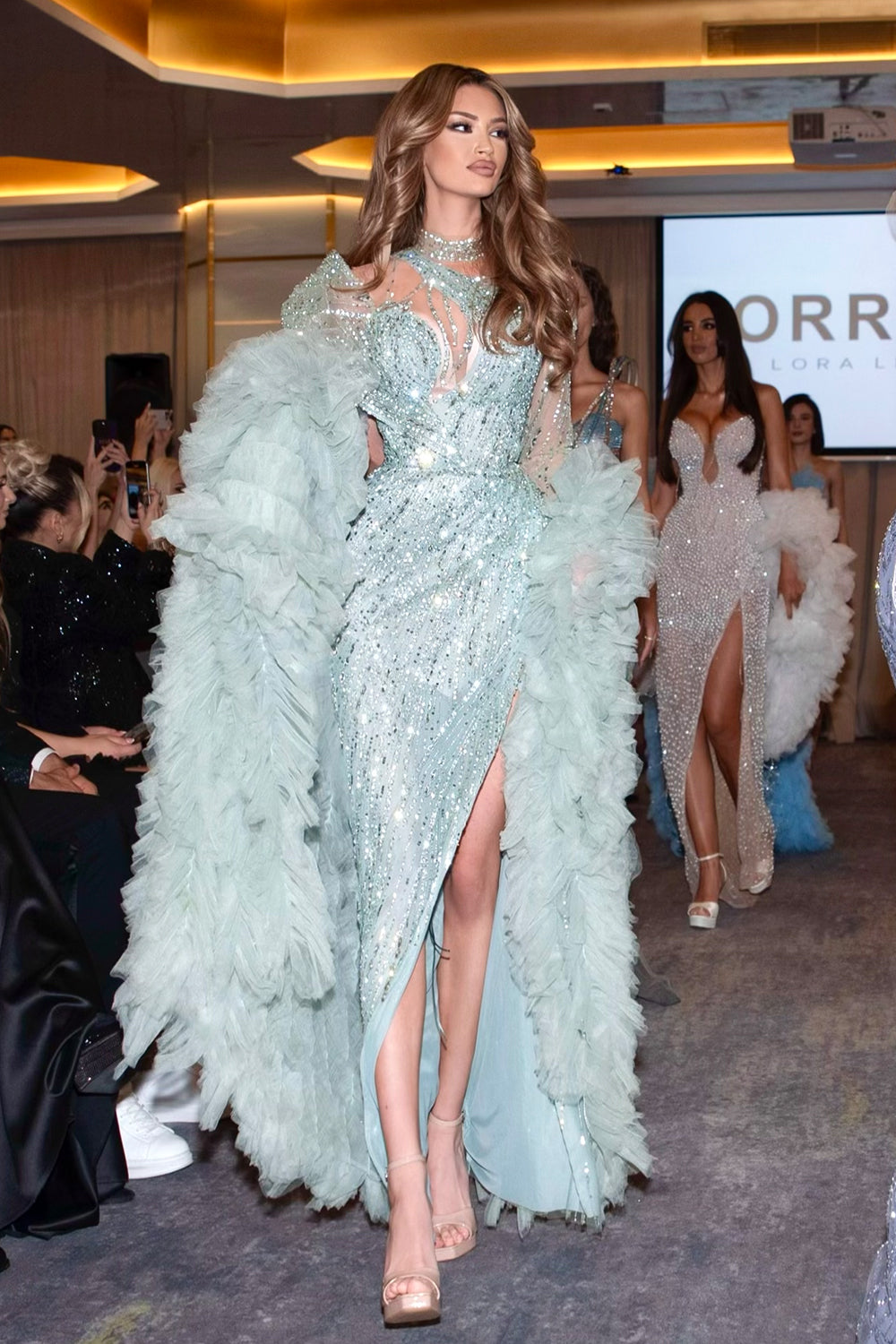 MAXI DRESS AND SCARF ZLATINA RHINESTONE GLITTER TULLE MINT