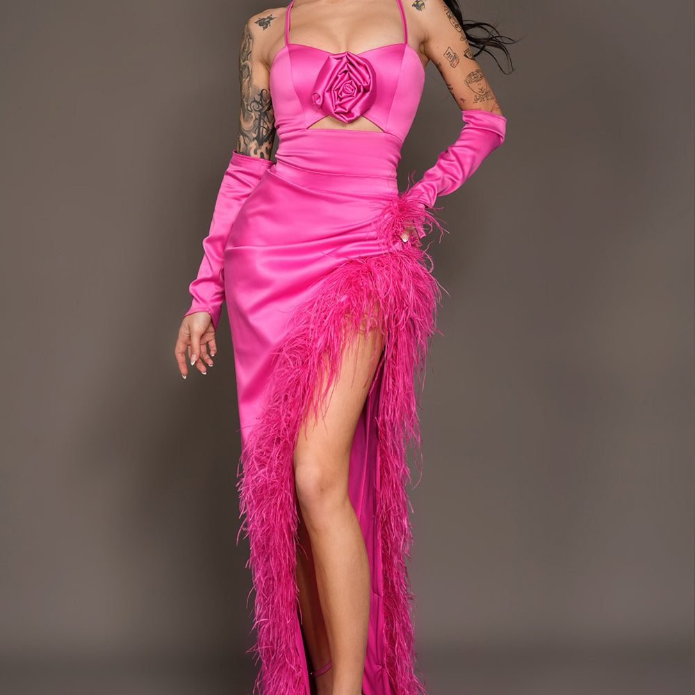 MAXI CONJUNTO TOP CON FALDA ELLIS SATÍN PLUMAS ROSA FUERTE