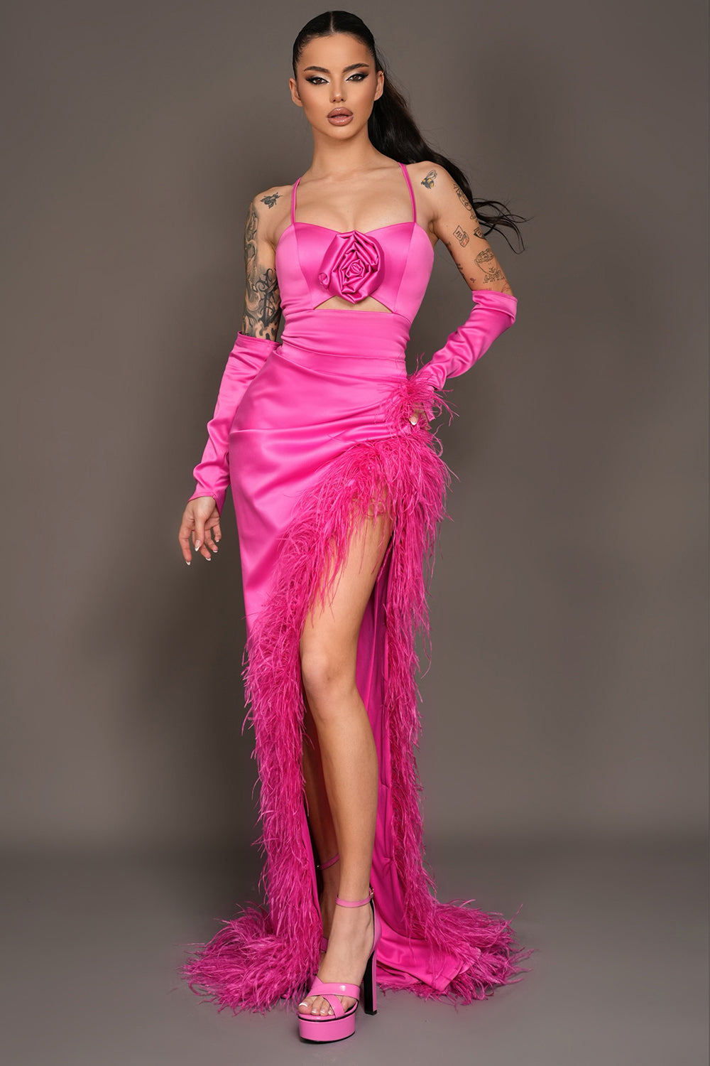 MAXI CONJUNTO TOP CON FALDA ELLIS SATÍN PLUMAS ROSA FUERTE