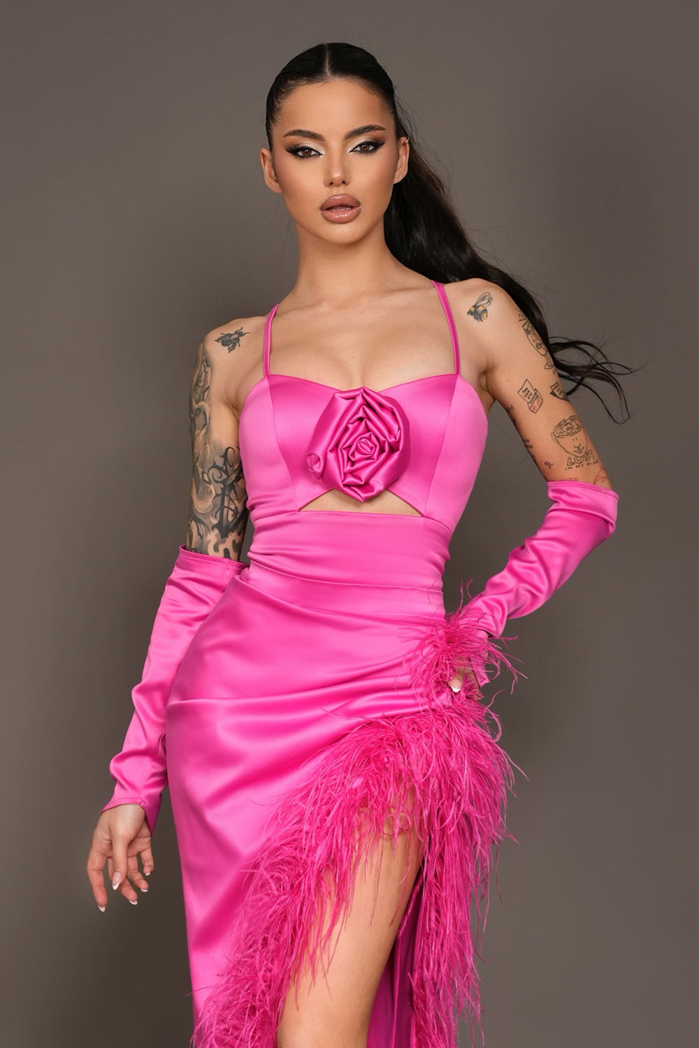 MAXI SKIRT AND CROP TOP SET ELLIS SATIN FEATHERS HOT PINK