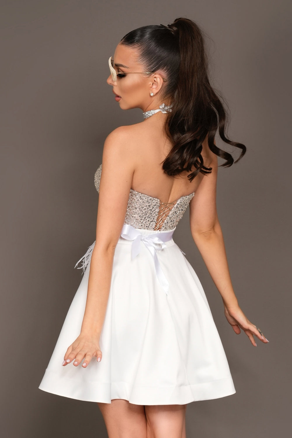 MINI SKIRT AND CROP TOP SET IRENE SEQUIN SATIN WHITE AND SILVER
