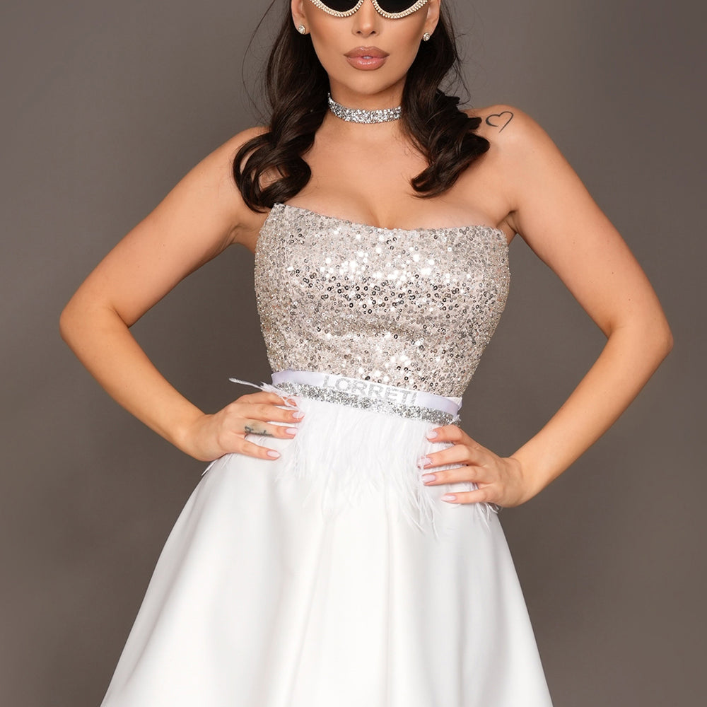 MINI SKIRT AND CROP TOP SET IRENE SEQUIN SATIN WHITE AND SILVER