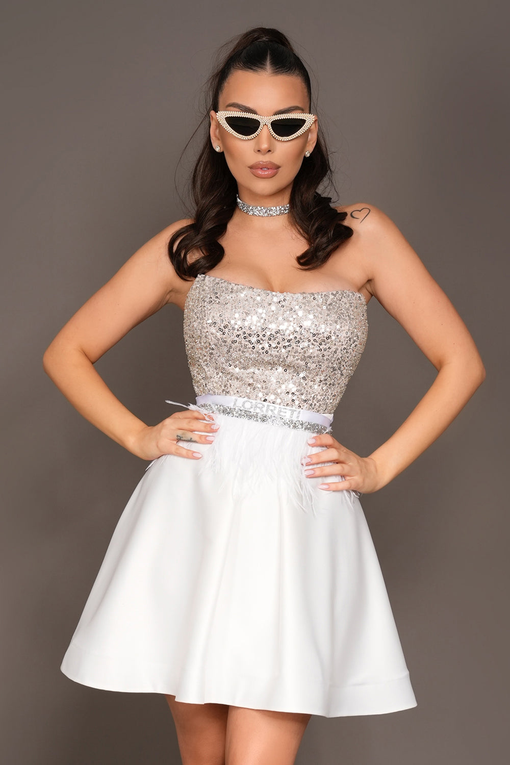 MINI SKIRT AND CROP TOP SET IRENE SEQUIN SATIN WHITE AND SILVER
