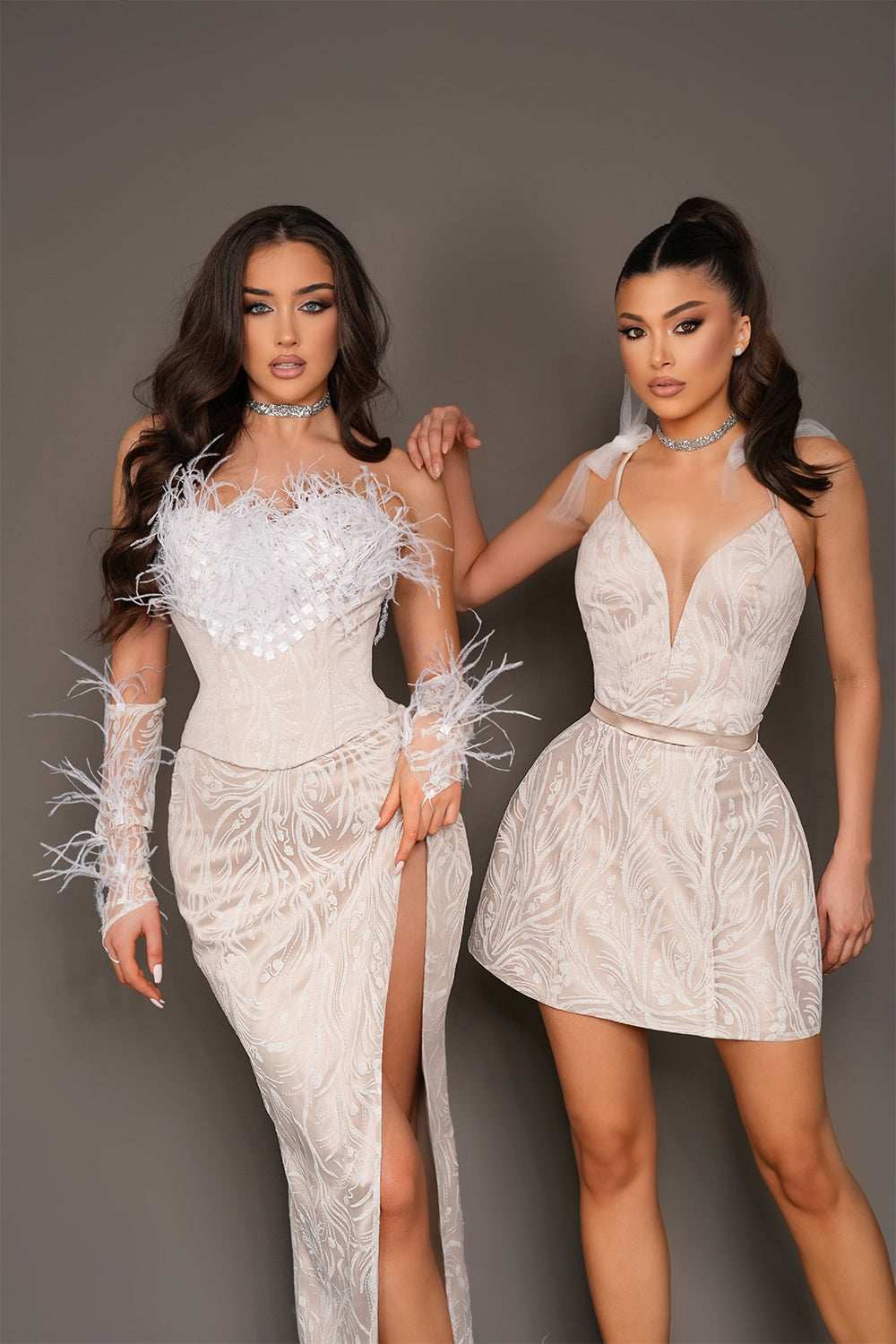 MAXI SKIRT AND CROP TOP SET IVORY GLITTER LACE FEATHERS WHITE AND NUDE