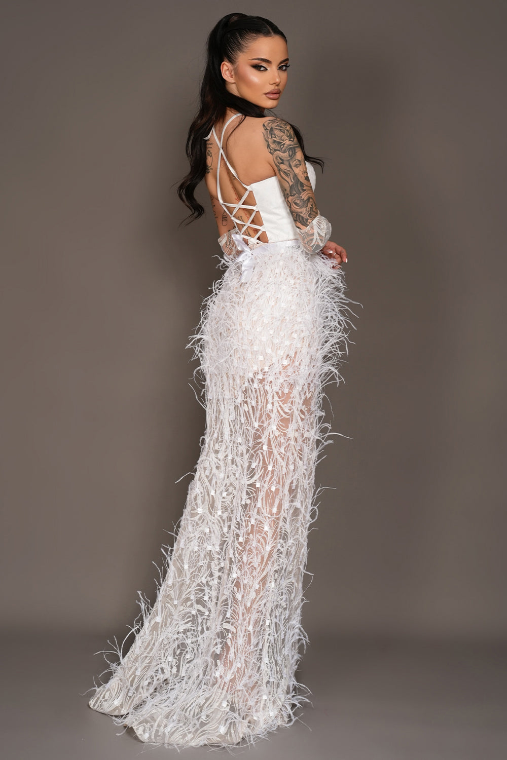 MAXI SKIRT AND CROP TOP SET KAYLA GLITTER LACE FEATHERS WHITE