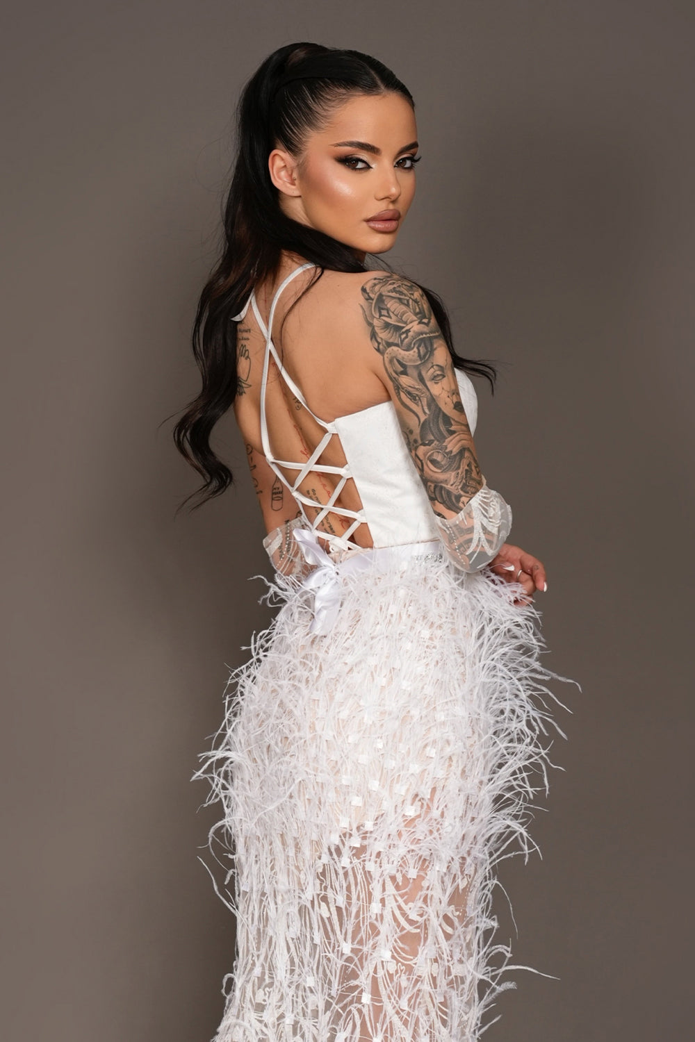 MAXI SKIRT AND CROP TOP SET KAYLA GLITTER LACE FEATHERS WHITE