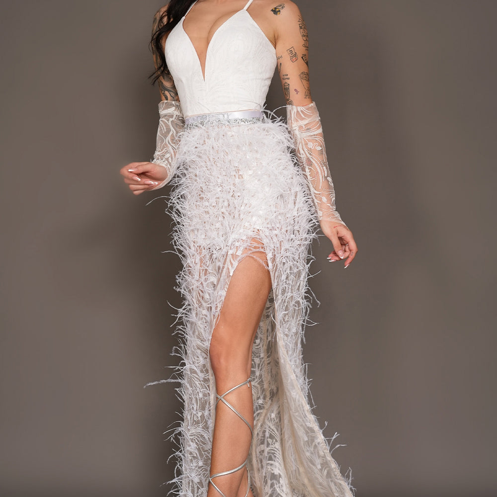 MAXI SKIRT AND CROP TOP SET KAYLA GLITTER LACE FEATHERS WHITE
