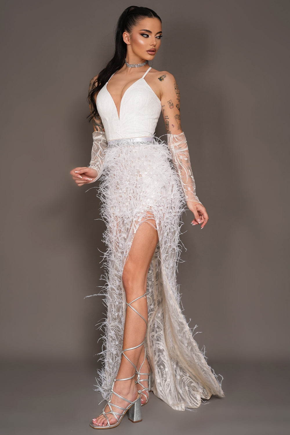 MAXI SKIRT AND CROP TOP SET KAYLA GLITTER LACE FEATHERS WHITE