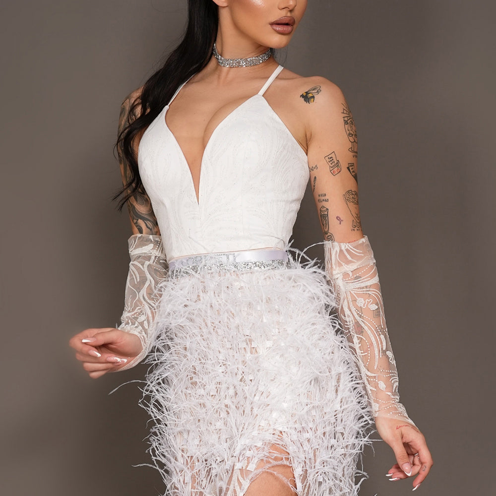 MAXI SKIRT AND CROP TOP SET KAYLA GLITTER LACE FEATHERS WHITE