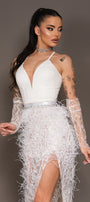 MAXI SKIRT AND CROP TOP SET KAYLA GLITTER LACE FEATHERS WHITE
